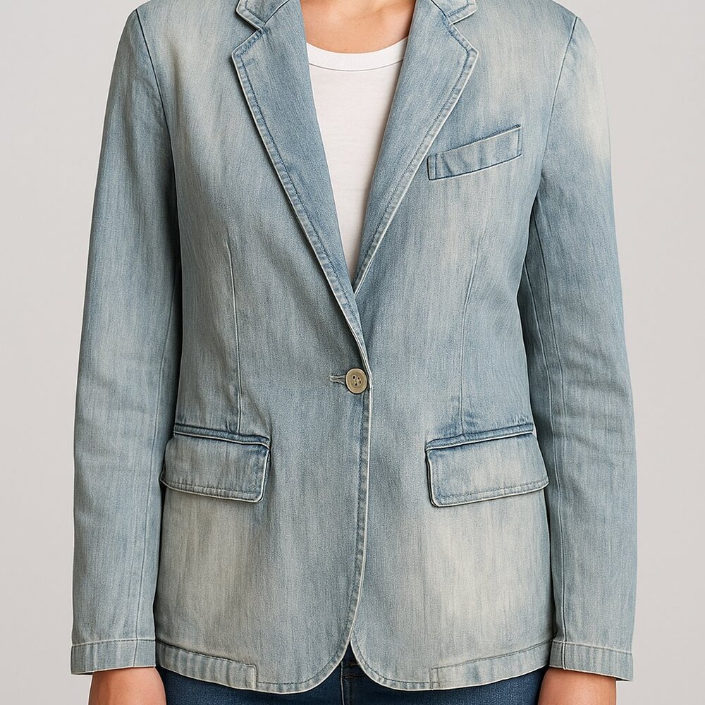 Lauren Ralph Lauren Size 8 Light Wash Denim Blazer Vintage Padded Shoulder